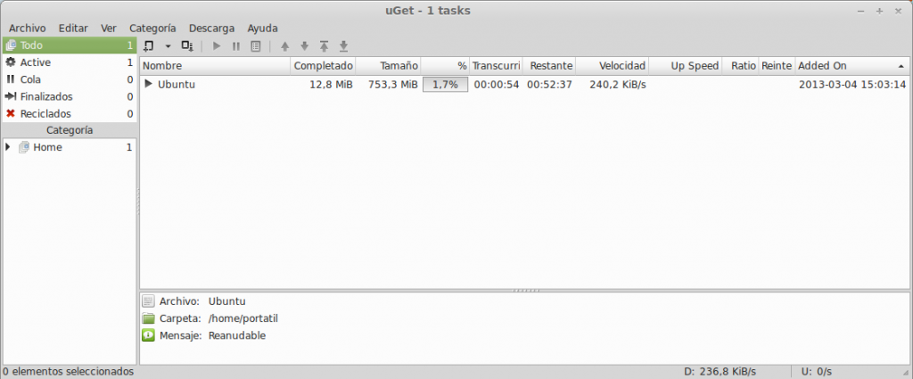 uGet gestor de descargas en Ubuntu 12.10