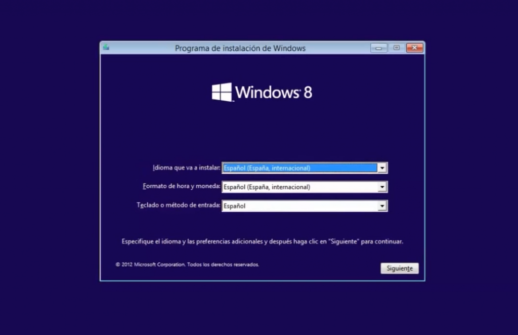 Datos de idioma instalación Windows 8