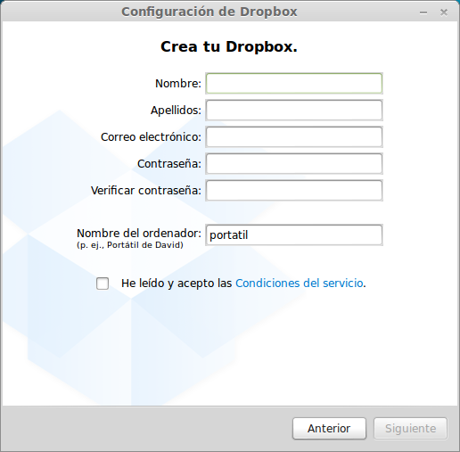 rellenar datos de registro en Dropbox