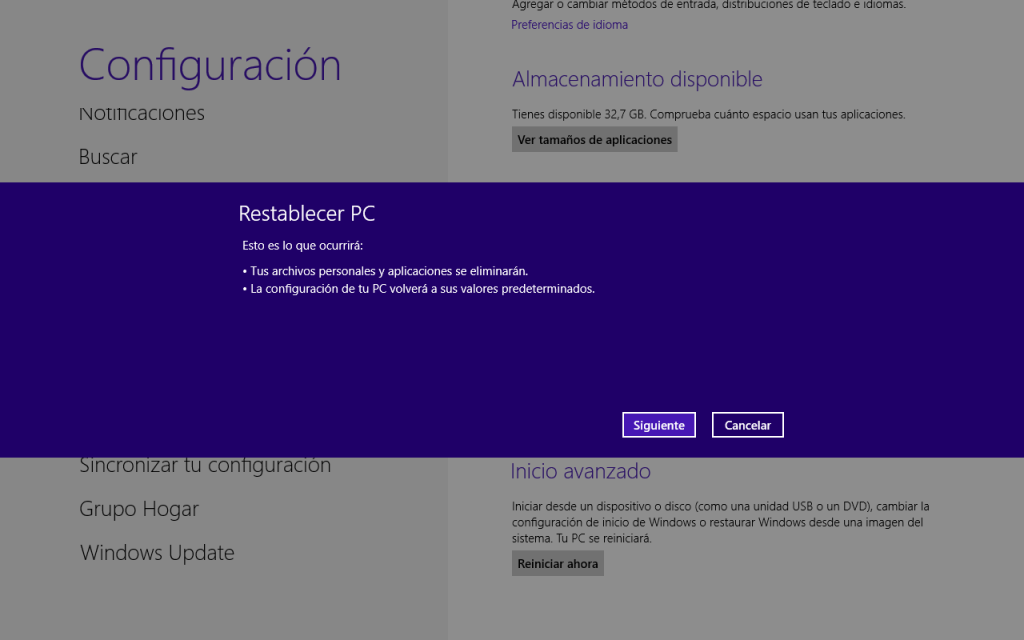 Windows 8 a su configuración de fábrica