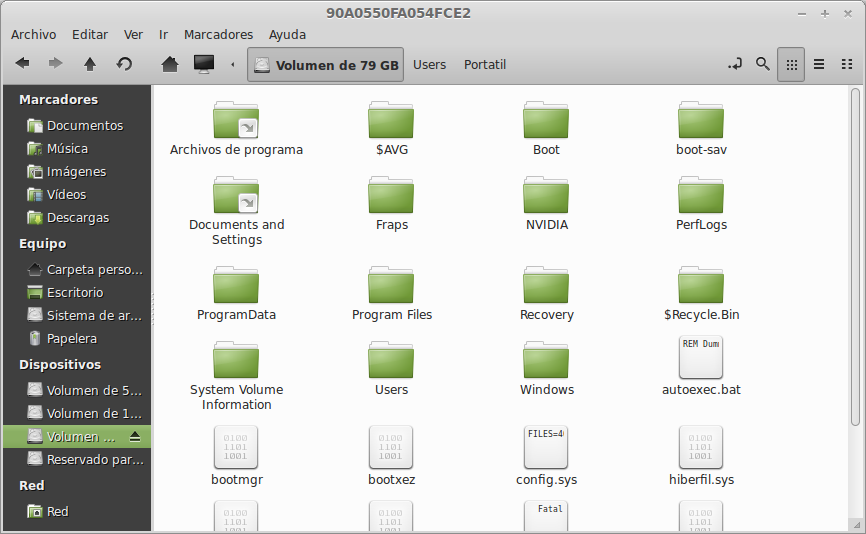 Gestor de archivos de Linux mostrando una partición Windows y la carpeta Users