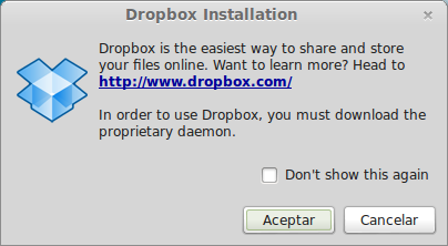 Asistente antiguo de Dropbox en Linux que solicita descargar el cliente