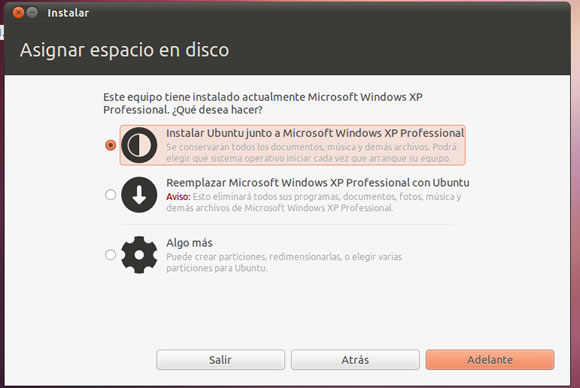 Asignar espacio en disco instalar Ubuntu