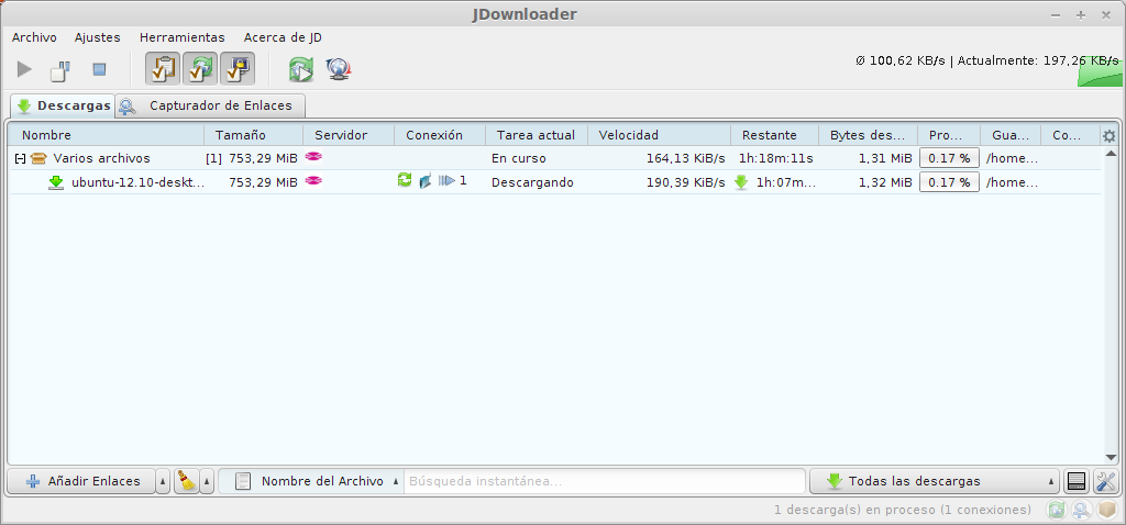Interfaz de JDownloader 2 en una captura antigua