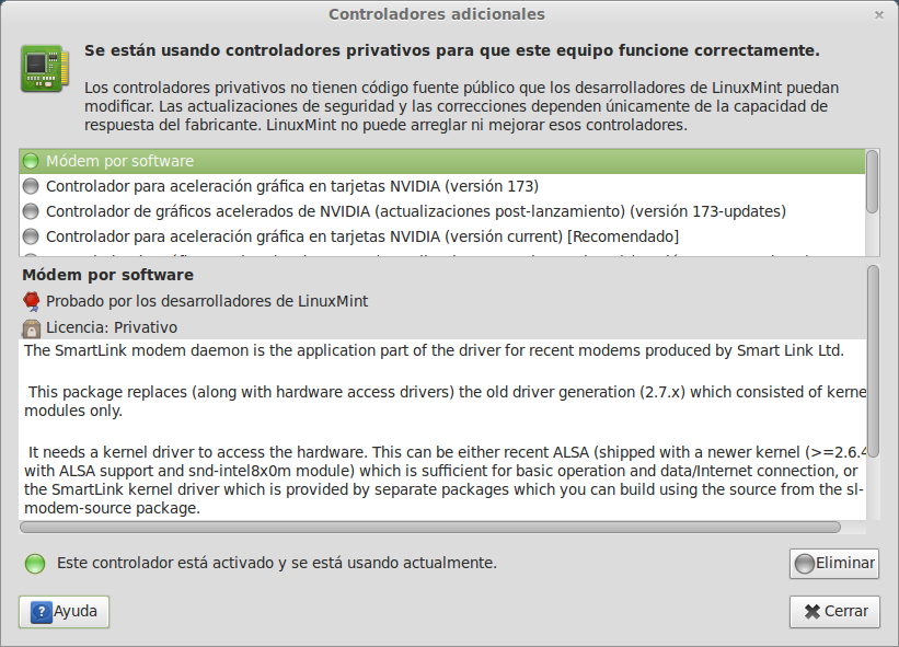 Ventana antigua de Controladores adicionales de Ubuntu con varias opciones NVIDIA