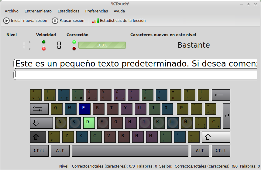 Ejercicio de mecanografía de KTouch con texto y teclado en pantalla