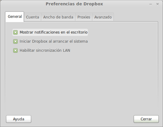 Preferencias generales de una versión anterior de Dropbox