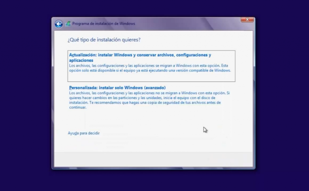 Tipo de instalación Windows 8