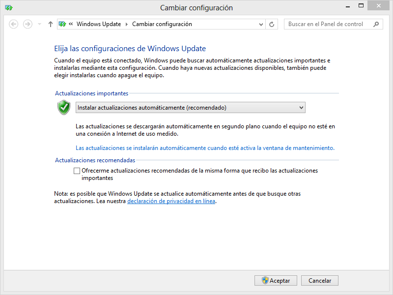 Opciones de actualización Windows 8