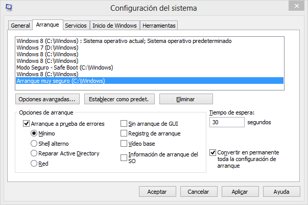 Activar el modo seguro en Windows 8