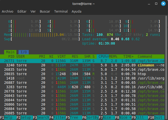 htop en Linux mostrando procesos