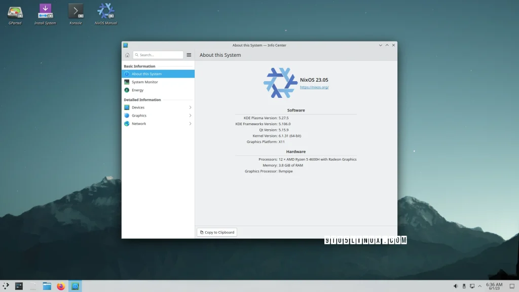 Escritorio de NixOS con información del sistema abierta