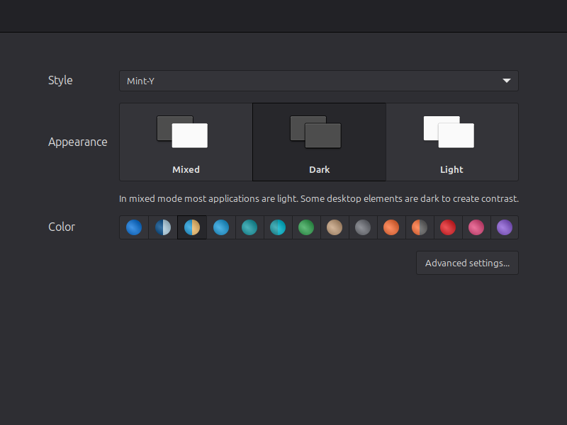 Pantalla actual de temas de Cinnamon con estilo, apariencia y color