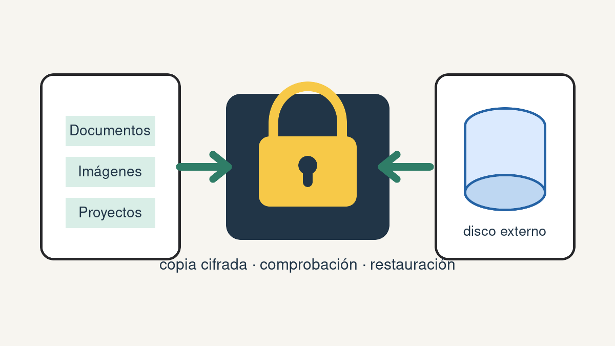 Esquema de carpetas de Linux que se guardan cifradas con Restic en un disco externo y se restauran en otra carpeta