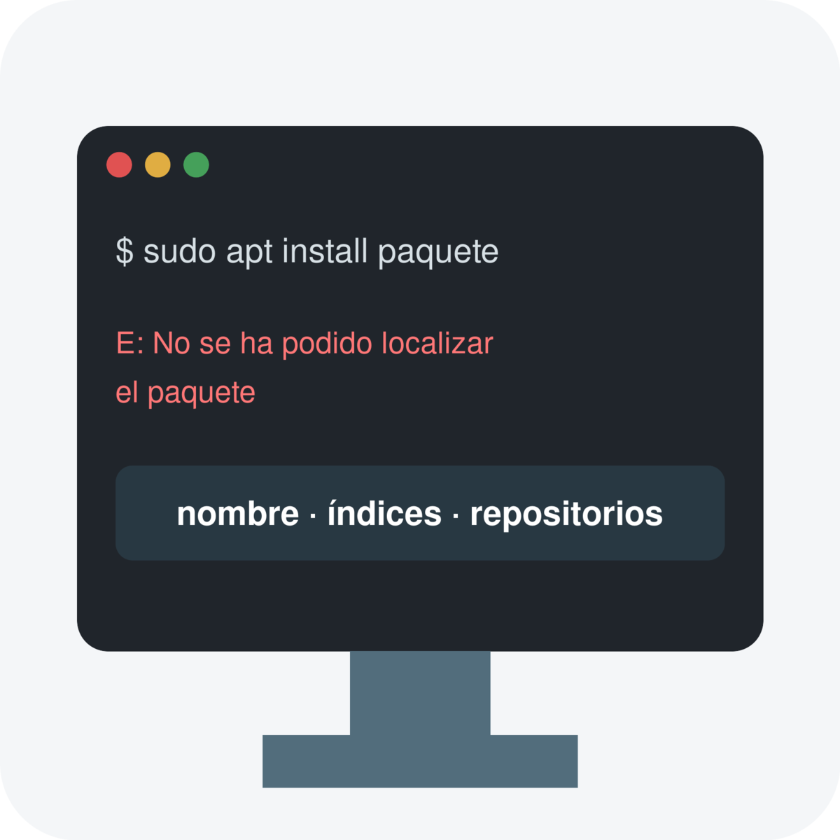 Terminal con el error No se ha podido localizar el paquete