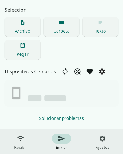 Pestaña Enviar de LocalSend en Linux, con Archivo, Carpeta, Texto y Pegar
