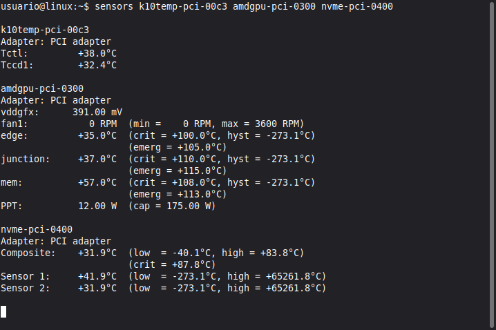 Salida de sensors con temperaturas de CPU, gráfica y disco NVMe