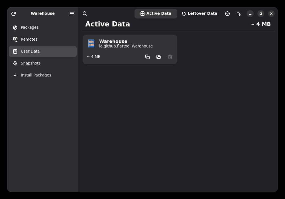 Captura real de Warehouse 2.2.0 en la sección de datos de usuario de Flatpak
