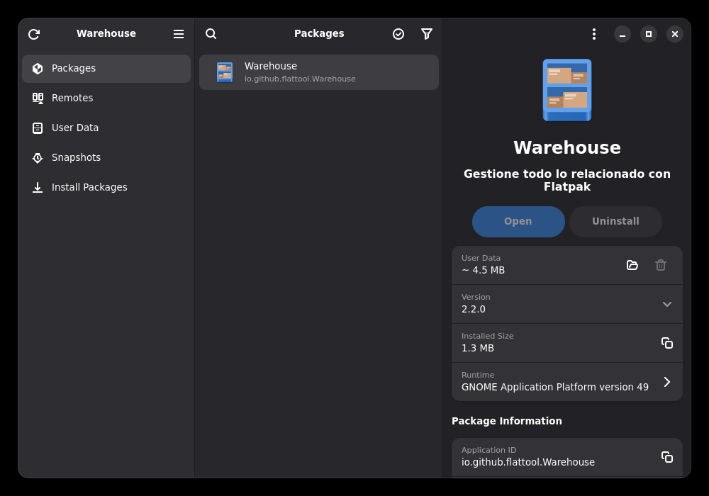 Captura real de Warehouse 2.2.0 con la lista de aplicaciones Flatpak instaladas