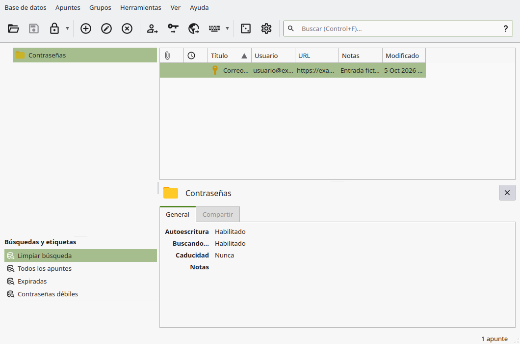 KeePassXC con una base de contraseñas y una entrada de correo de ejemplo